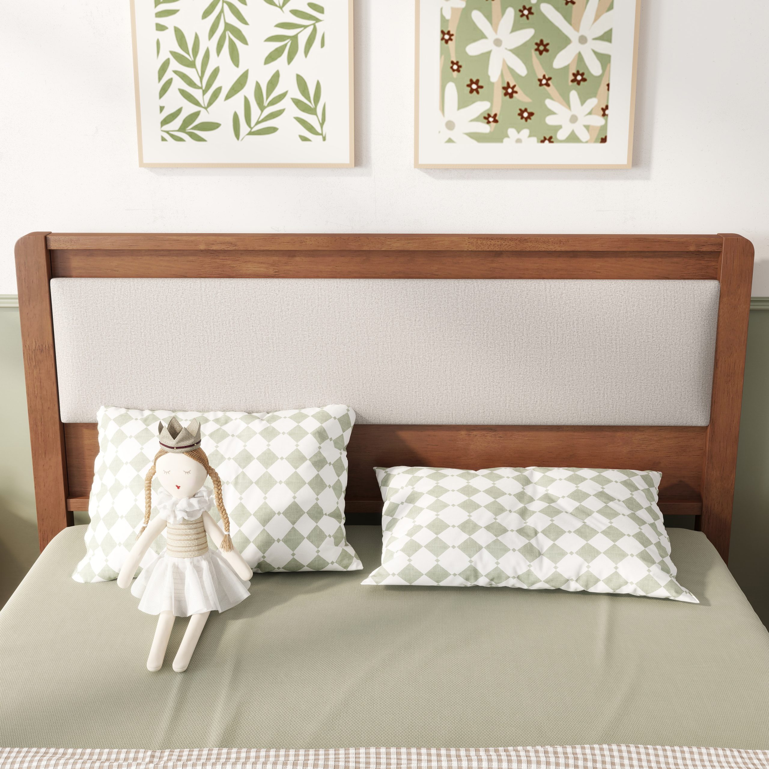 Full Size Solid Rubber Wooden Bed With Upholstered Headboard