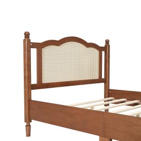 Full Size Wooden Platform Bed with Natural Rattan Headboard