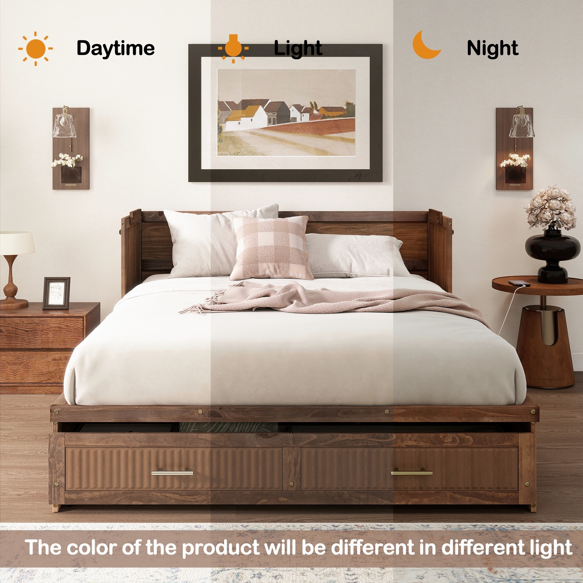 Pine Wood Cabinet Bed with Charging Station and Ripple Decoration Panels