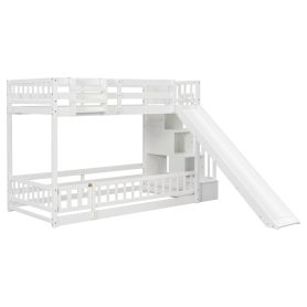 Twin Over Twin Bunk Bed With Slide, Storage Staircase, Bedside Storage Rack, LED Lights