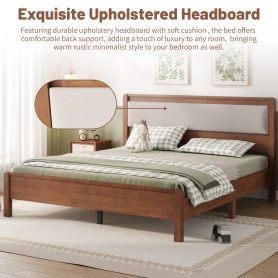 Full Size Solid Rubber Wooden Bed With Upholstered Headboard