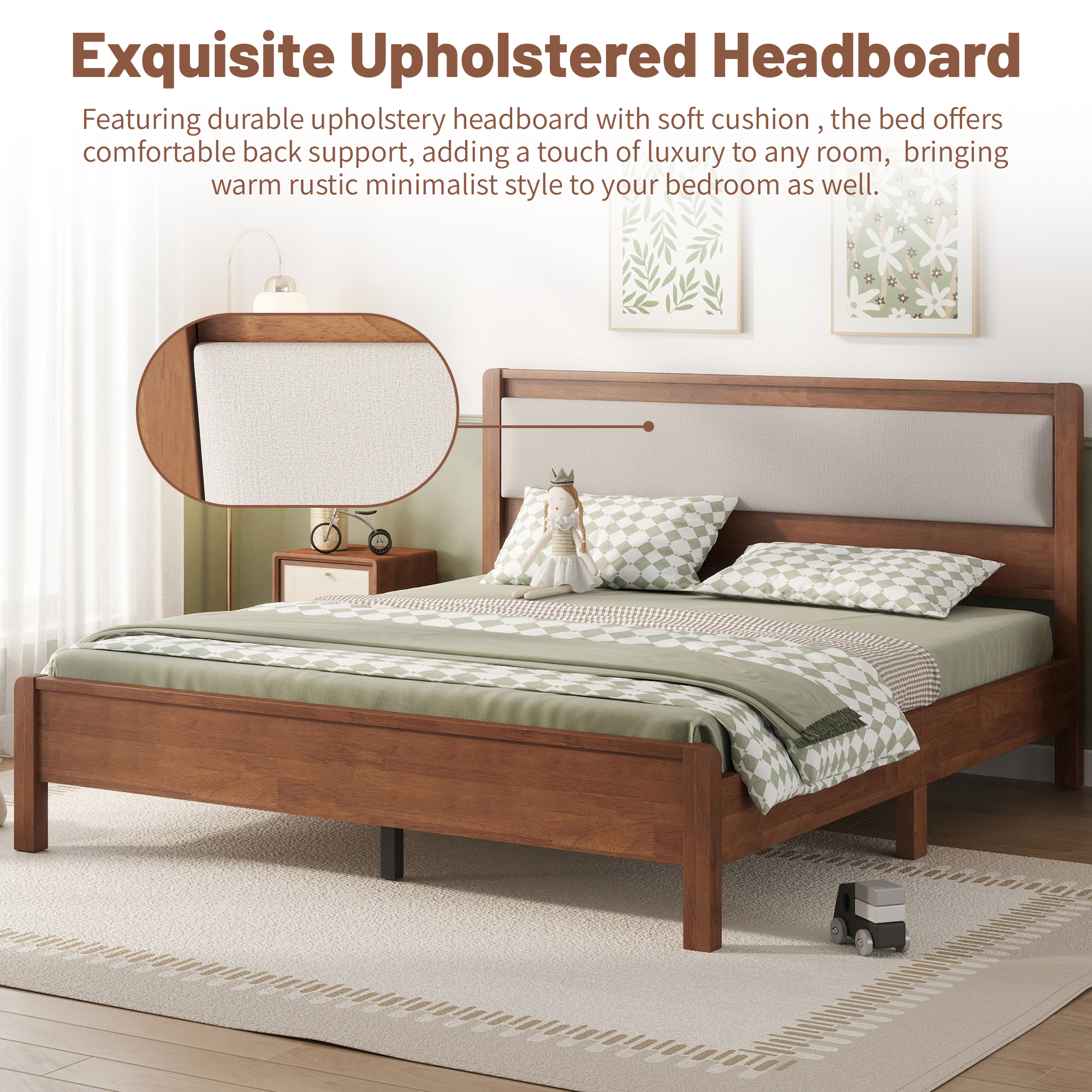 Full Size Solid Rubber Wooden Bed With Upholstered Headboard