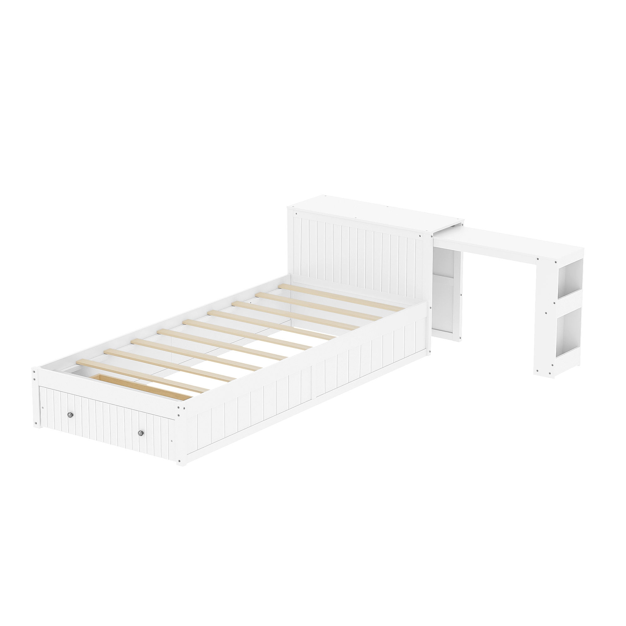 Twin Wood Bed Frame with wide Headboard, Footboard Drawers & Side Shelves