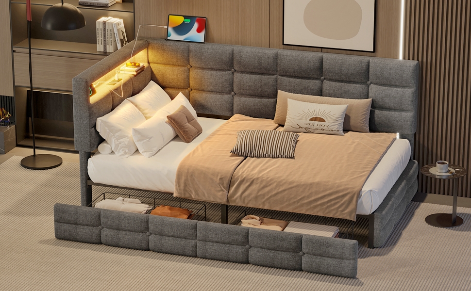 Upholstered Twin Size Daybed with Storage 2 Drawers and Charging Station