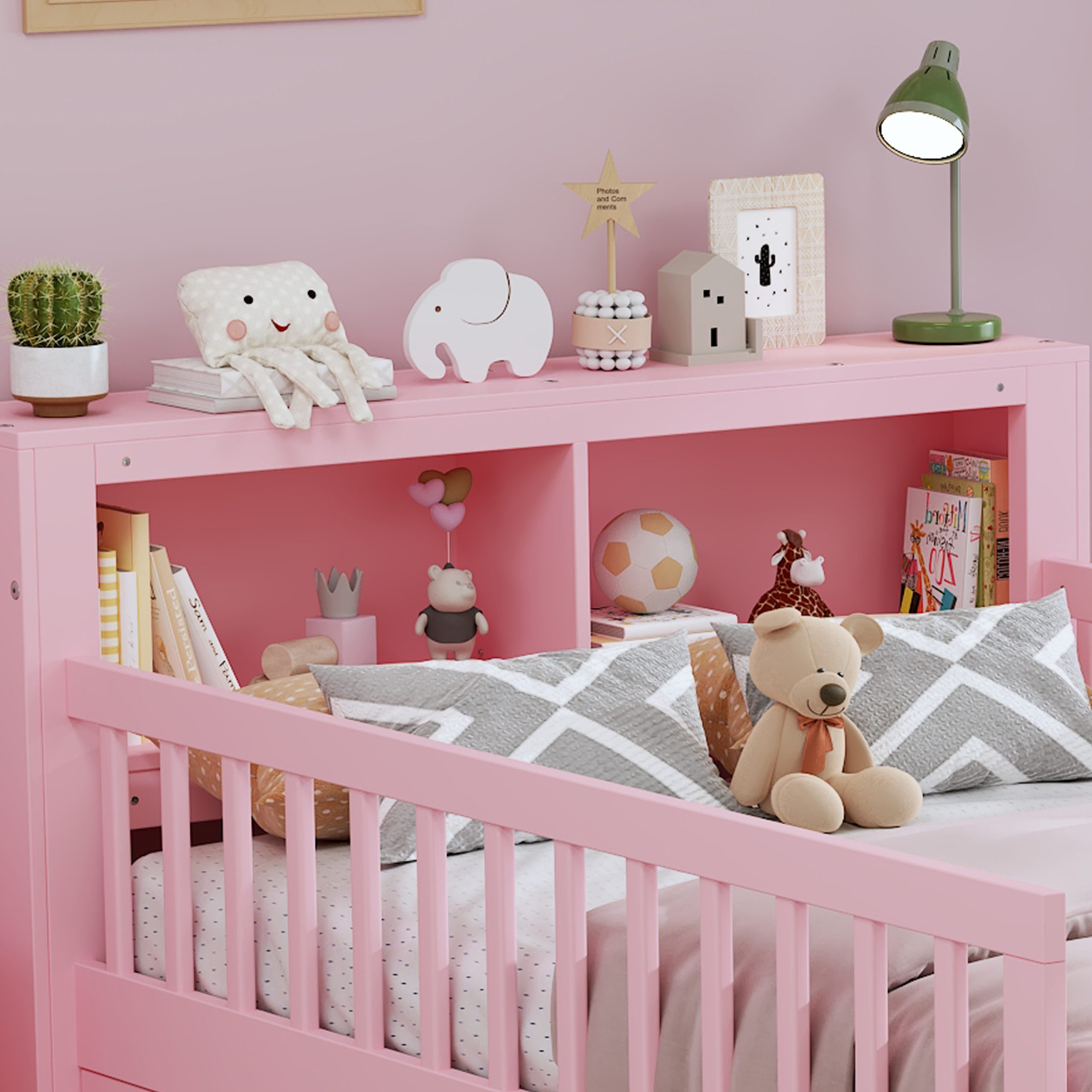 Twin Size Bed with Headboard Storage Rack, Two Under-Bed Drawers, Three-Side Guardrails for Safety and Securit