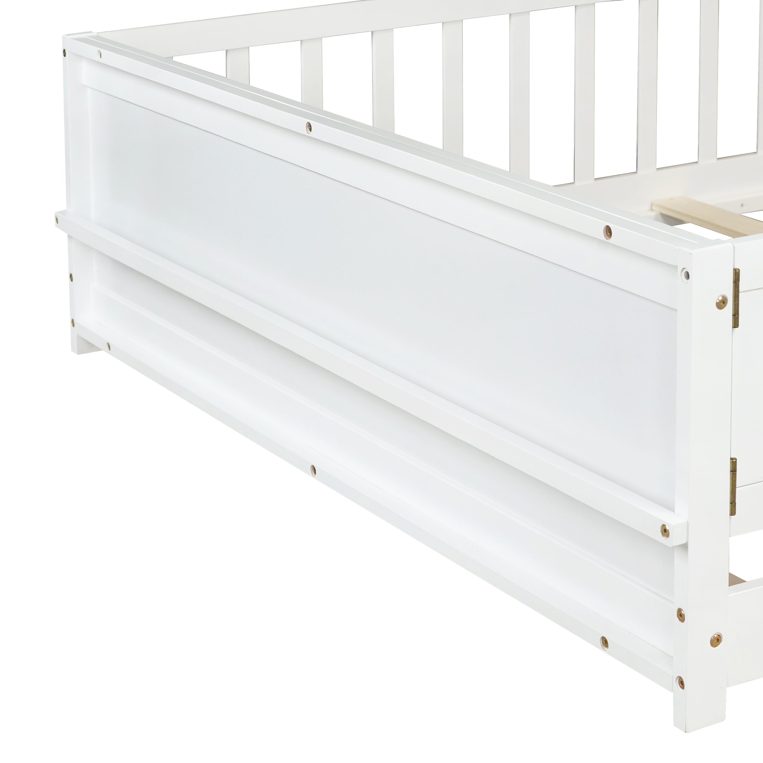 Full Size Rubber Wood Floor Bed with Guardrails, Built-in Book Rack, Door