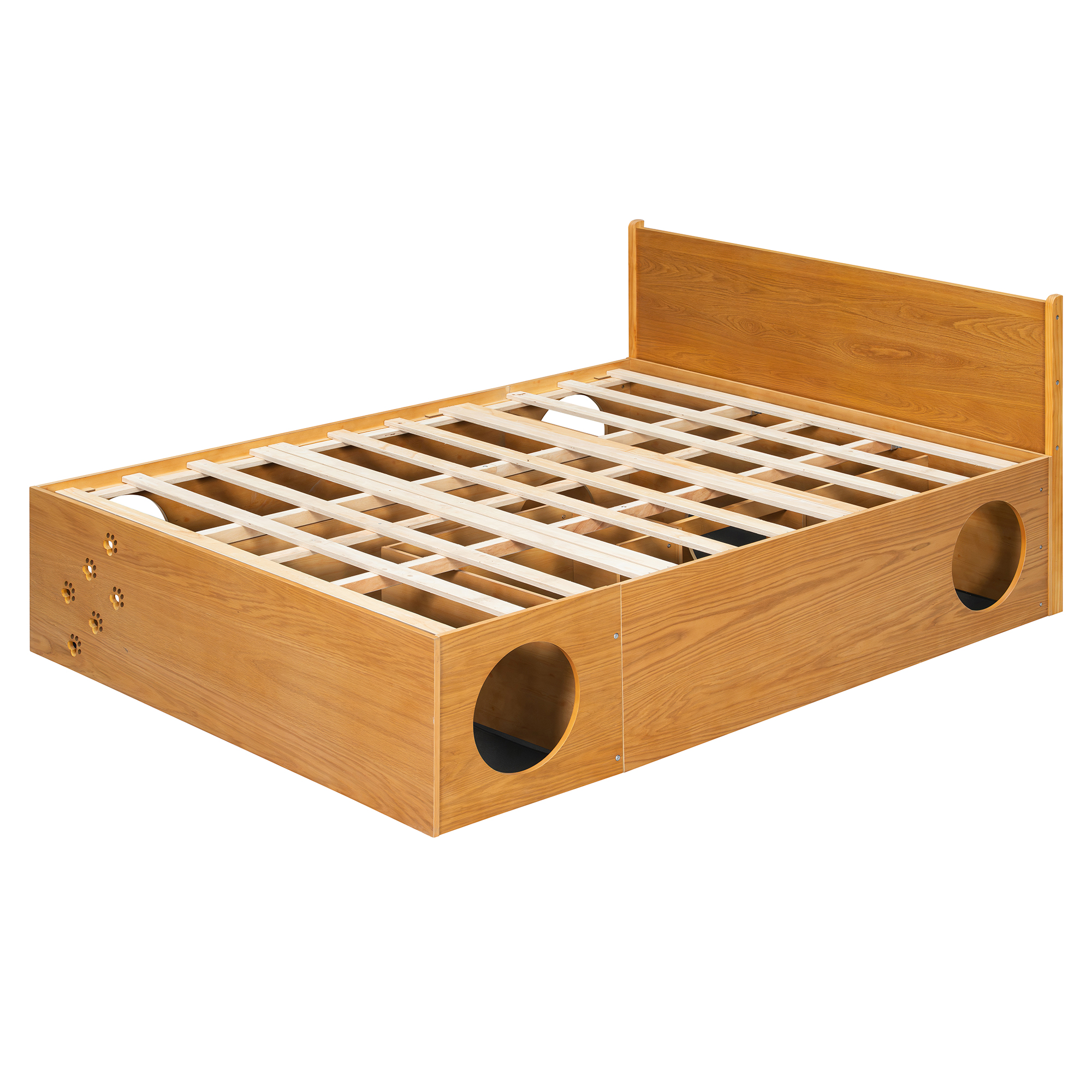 Queen Wood Platform Bed with Removable Headboard, Under-Bed Pet Maze & Private Space, Decorative Footboard, Detachable Slats