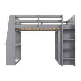 Full Size High Loft Bed with Built-in Desk, LED Lights, Storage Shelves & Double Door Wardrobe Closet