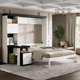 Full Size Murphy Bed With Desk And Storage Shelves And Cabinets