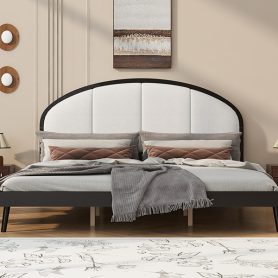 King Size Upholstered Platform Bed Frame With Linen Headboard