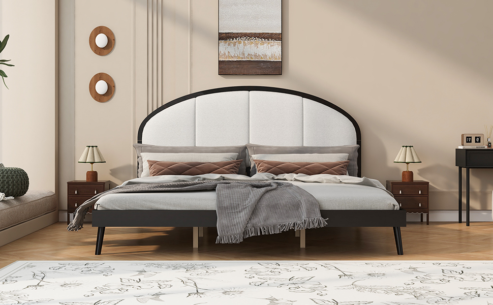 King Size Upholstered Platform Bed Frame With Linen Headboard