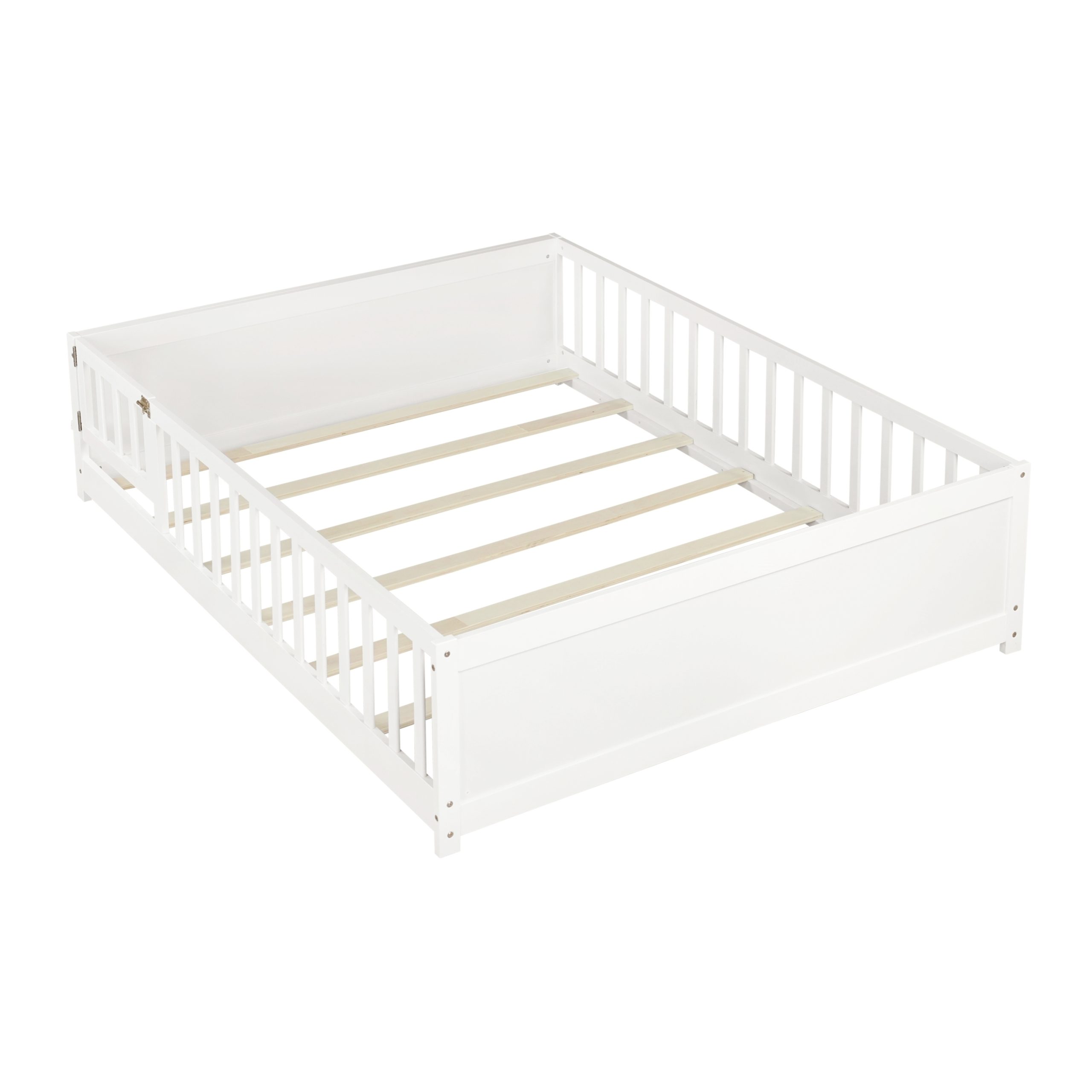 Full Size Rubber Wood Floor Bed with Guardrails, Built-in Book Rack, Door