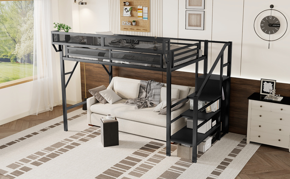 Metal Twin Xl Size Loft Bed With Stairs, Storage Shelves and Wardrobe