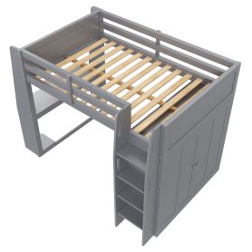 Full Size High Loft Bed with Built-in Desk, LED Lights, Storage Shelves & Double Door Wardrobe Closet