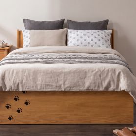Queen Wood Platform Bed with Removable Headboard, Under-Bed Pet Maze & Private Space, Decorative Footboard, Detachable Slats