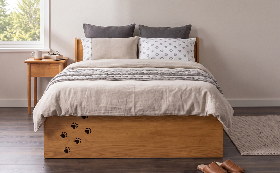 Queen Wood Platform Bed with Removable Headboard, Under-Bed Pet Maze & Private Space, Decorative Footboard, Detachable Slats