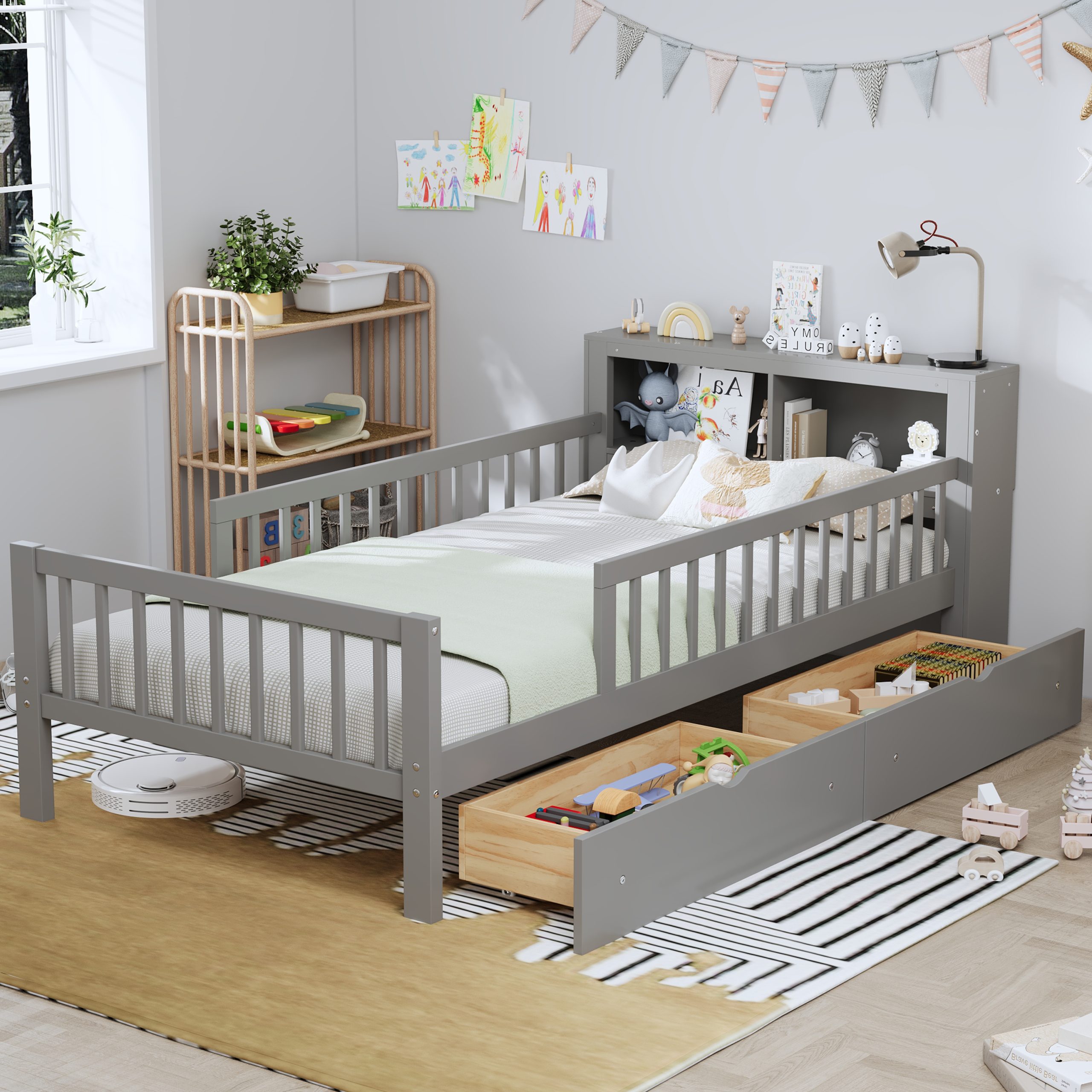 Twin Size Bed with Headboard Storage Rack, Two Under-Bed Drawers, Three-Side Guardrails for Safety and Securit