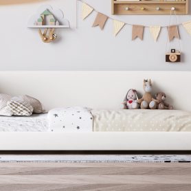 Twin Size Floor Bed with Upholstered Headboard and Armrests