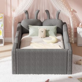 Upholstered Twin Size Platform Bed with Rabbit Cushion