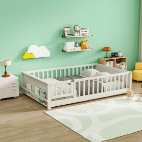 Full Size Rubber Wood Floor Bed with Guardrails, Built-in Book Rack, Door