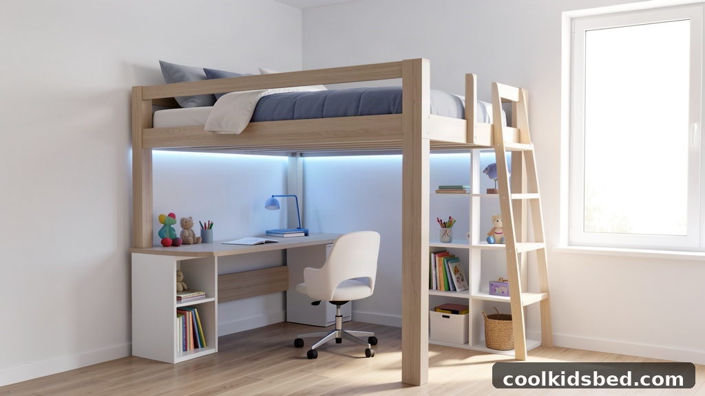 High loft bed with LED lights in a kids bedroom