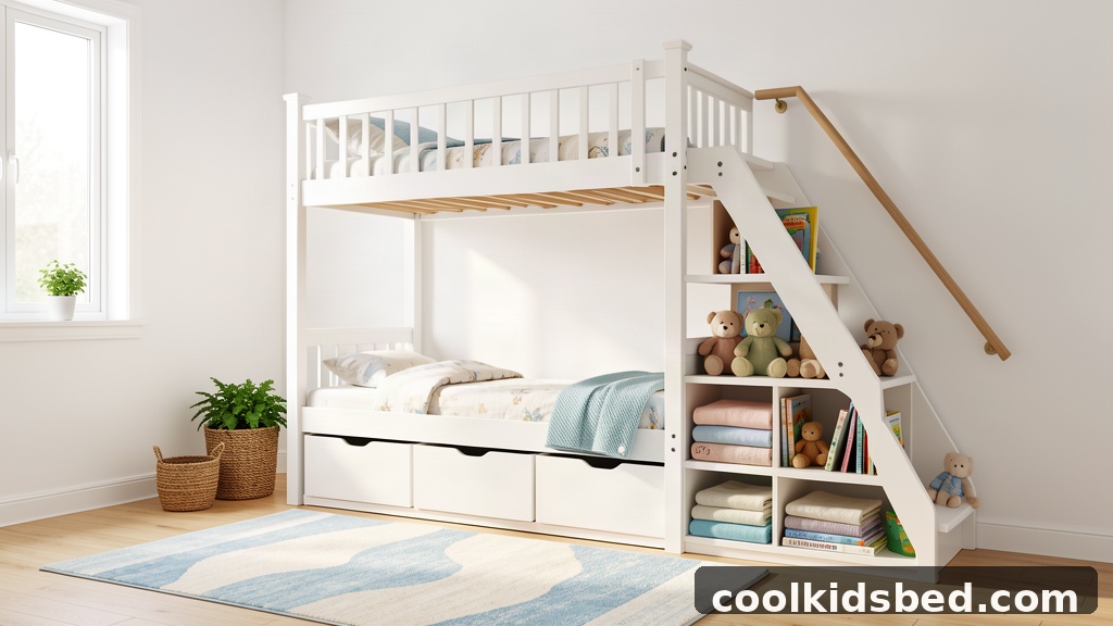 Twin over twin bunk bed with staircase in a kids bedroom