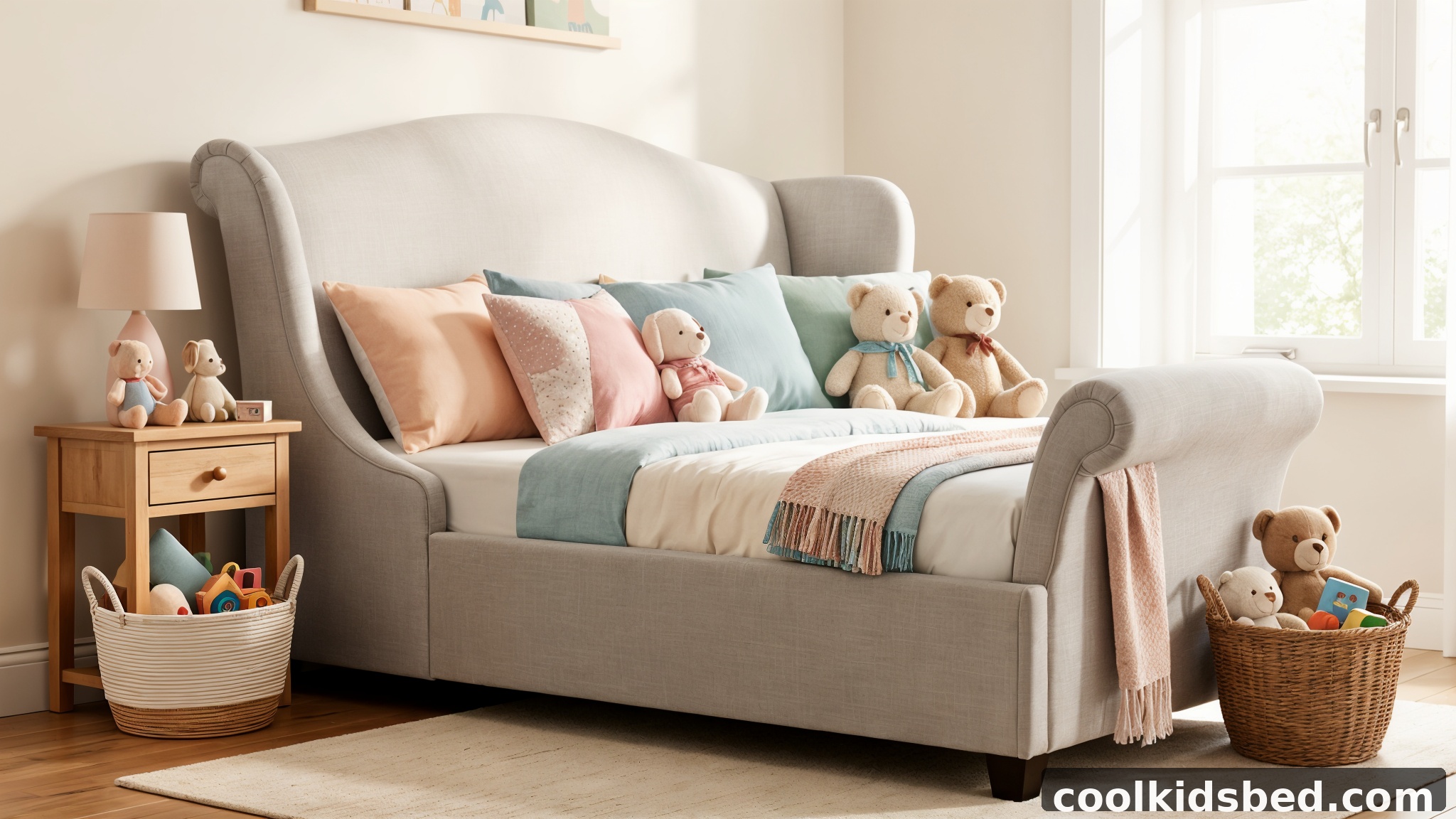 Upholstered full size daybed with trundle in a kids bedroom