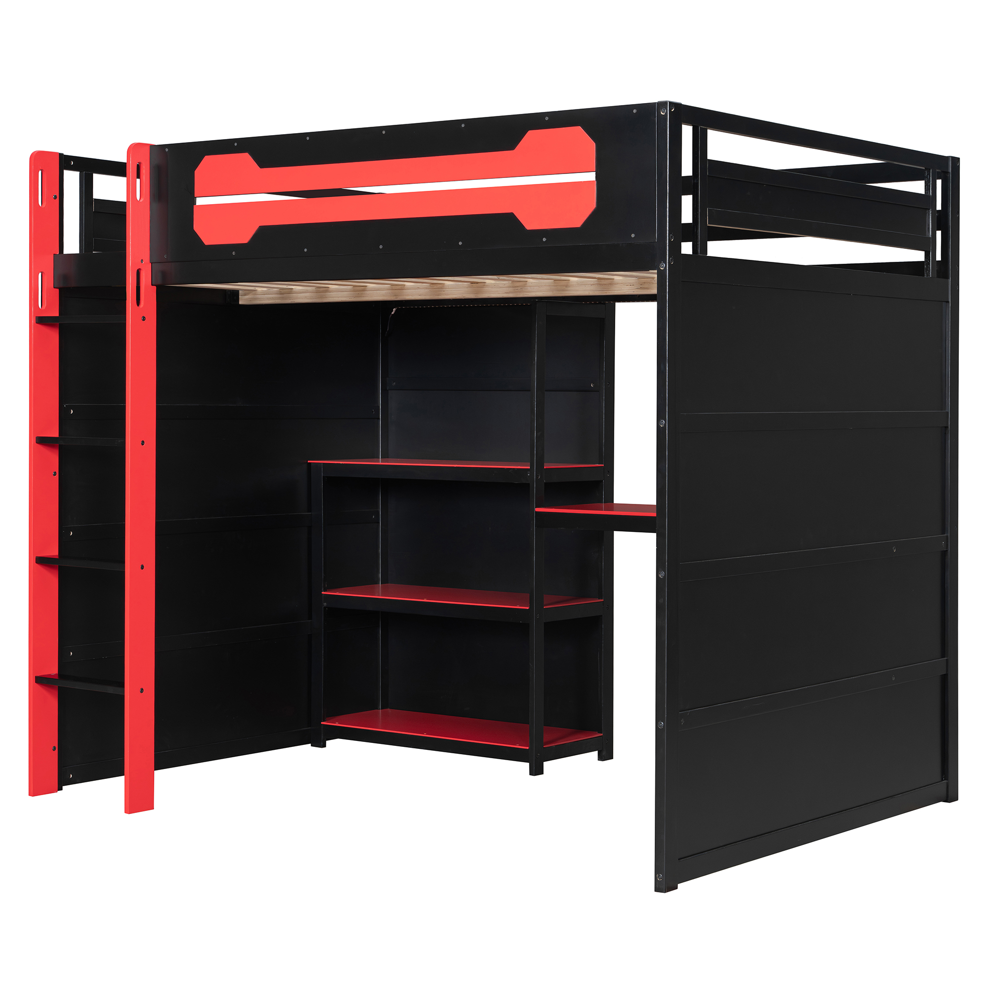 Full Size Wooden Gaming Loft Bed with Storage Shelves, Desk, USB & Power Outlet, and LED Light