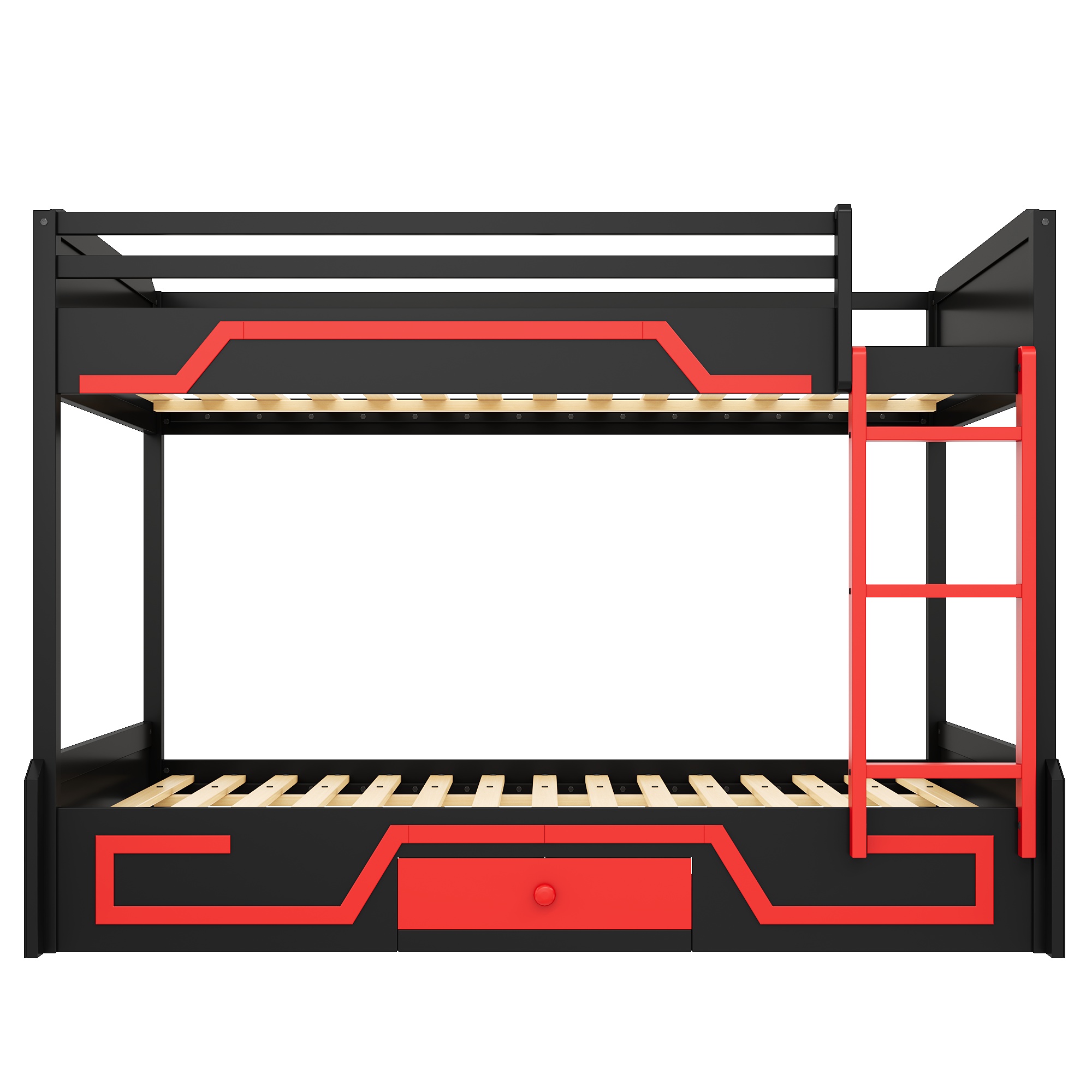 Queen over Queen Bunk Bed with LED Light Strip, Drawer and Ladder