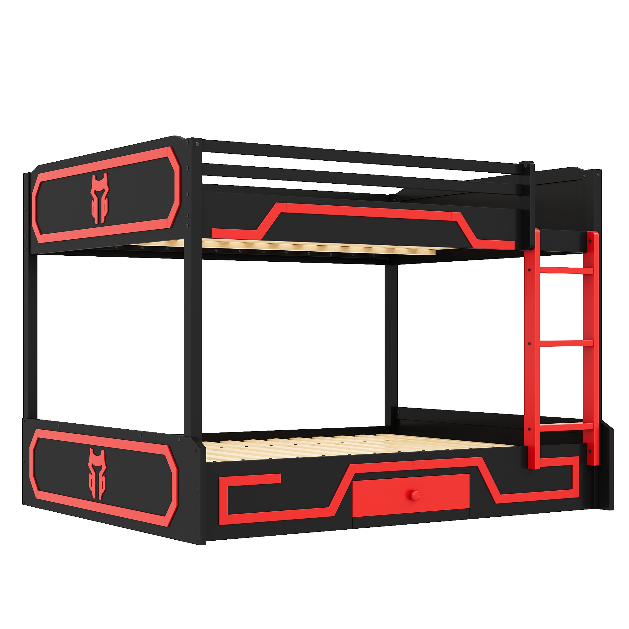 Queen over Queen Bunk Bed with LED Light Strip, Drawer and Ladder