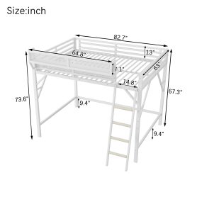 Metal Queen Size Loft Bed With Ladder and Storage Shelves