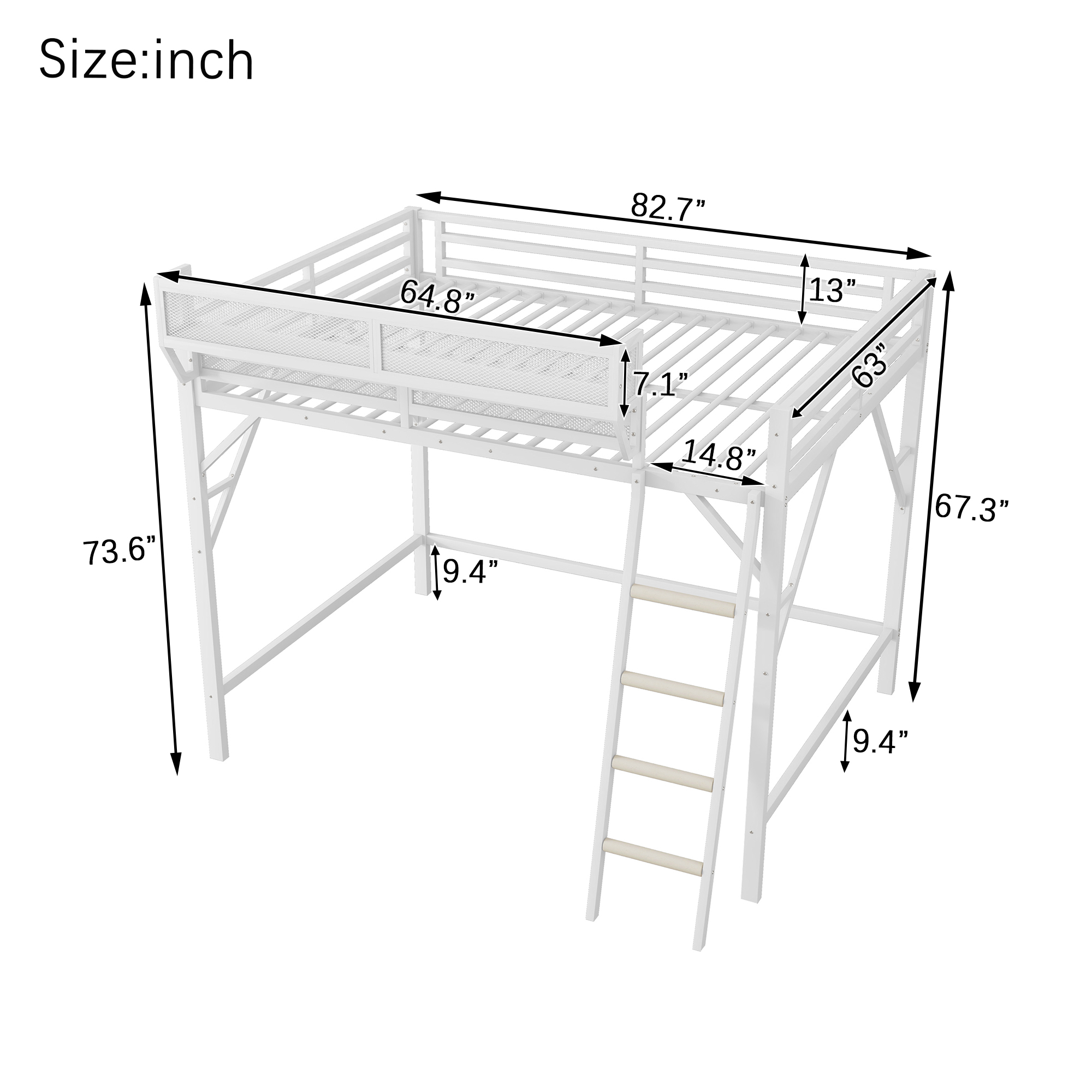 Metal Queen Size Loft Bed With Ladder and Storage Shelves