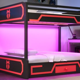 Queen over Queen Bunk Bed with LED Light Strip, Drawer and Ladder
