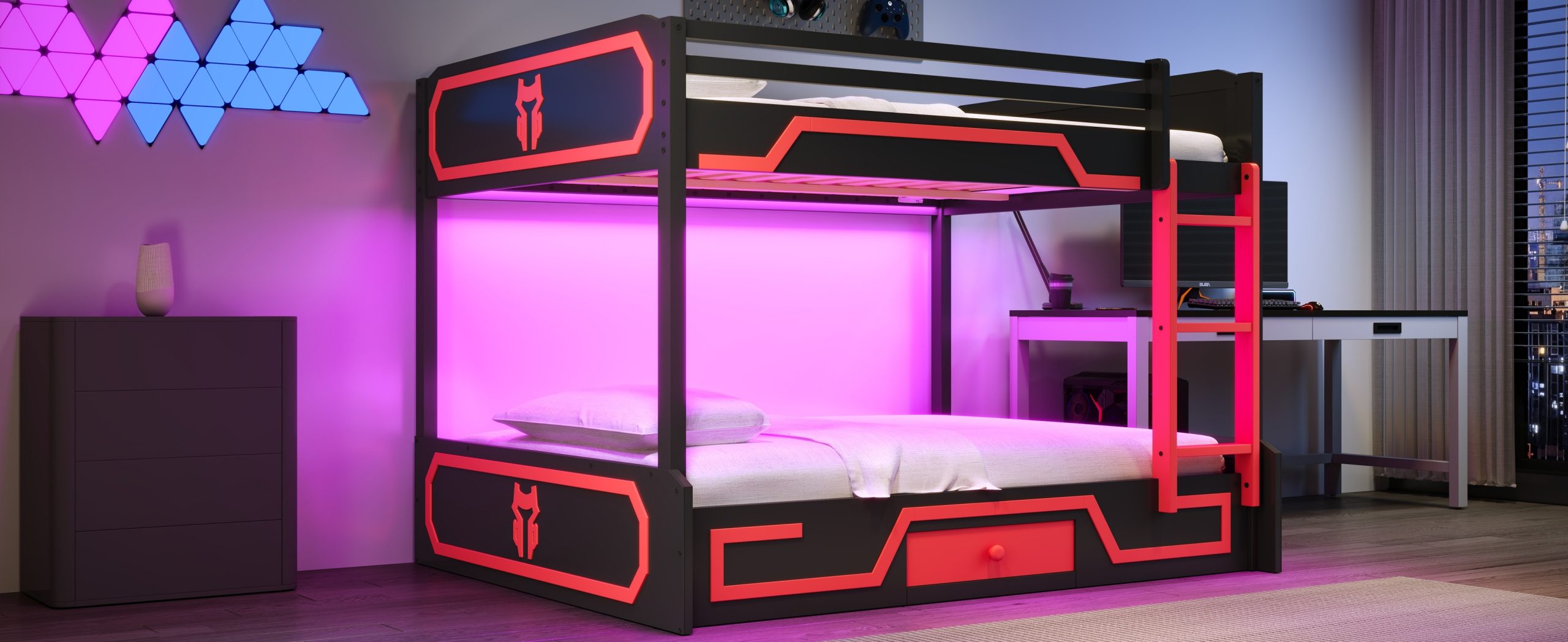 Queen over Queen Bunk Bed with LED Light Strip, Drawer and Ladder