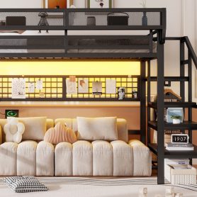 Metal Full Loft Bed with Light and Storage and Charging Station