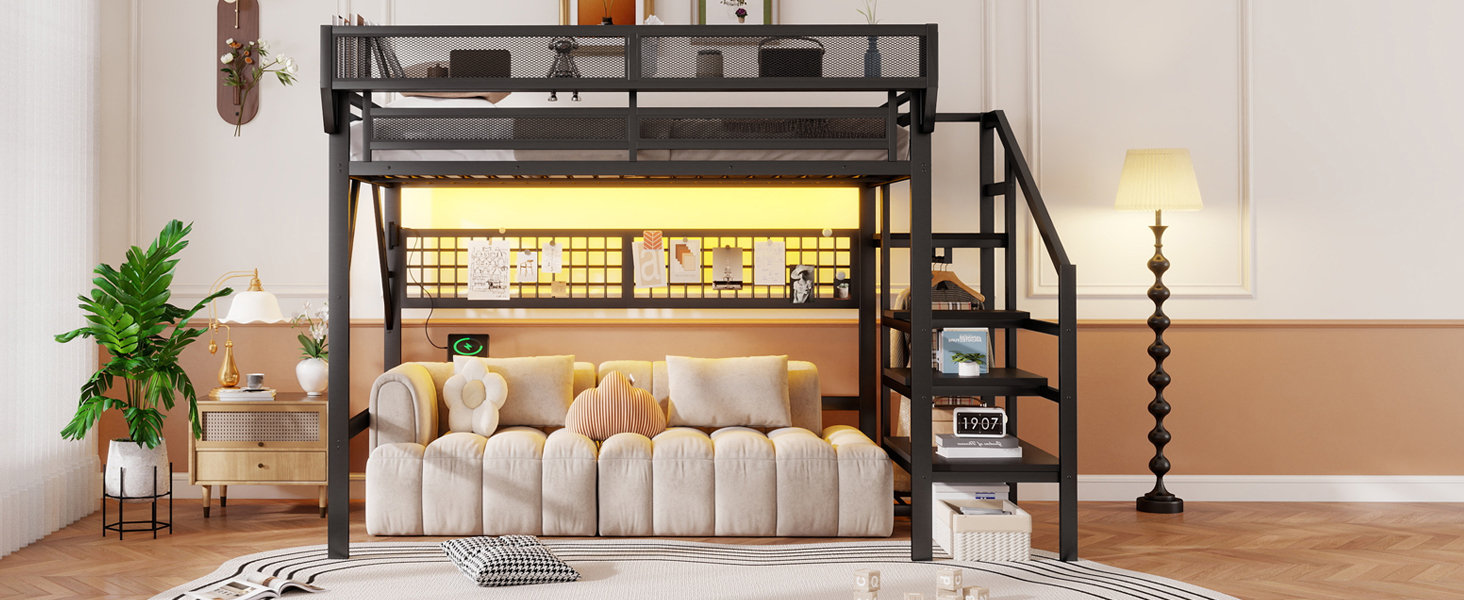Metal Full Loft Bed with Light and Storage and Charging Station
