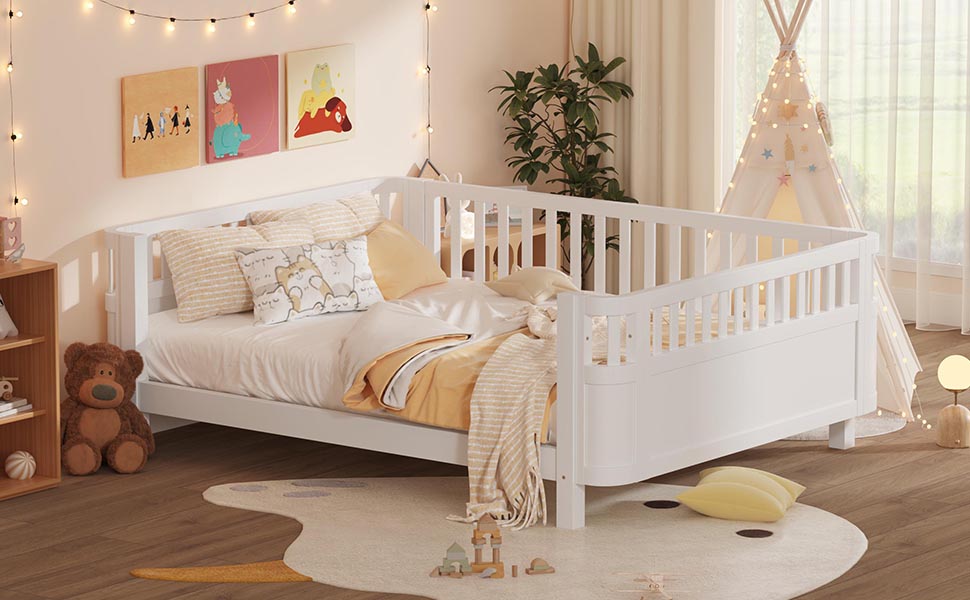 Wood Low Profile Queen Bed with Rails for Girls and Boys