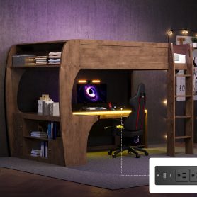 Full Size Loft Bed with L- Shape Desk, Storage Shelves, LED and Charging Station