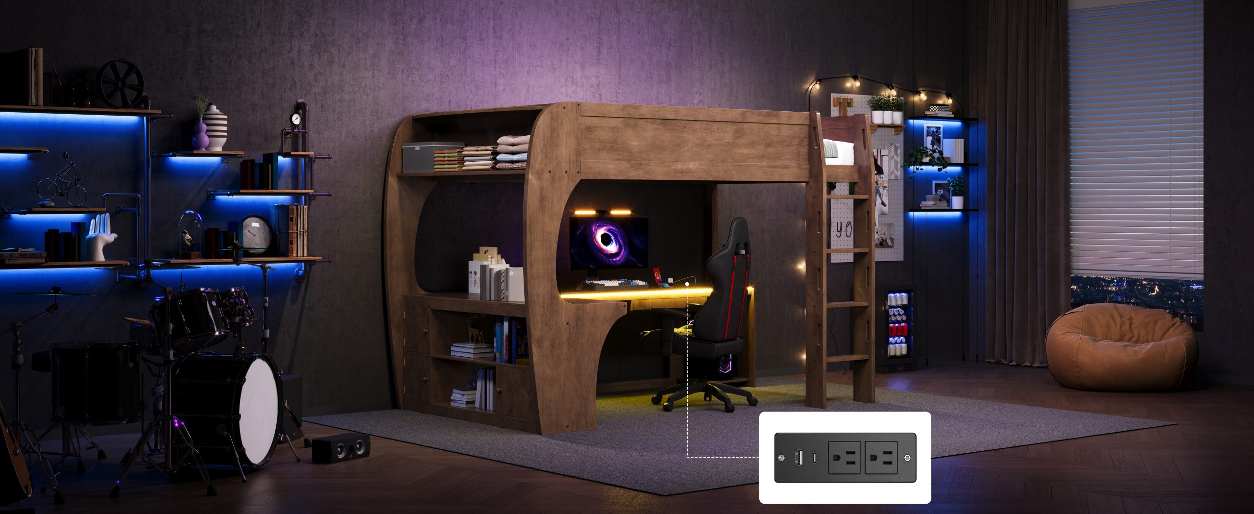 Full Size Loft Bed with L- Shape Desk, Storage Shelves, LED and Charging Station