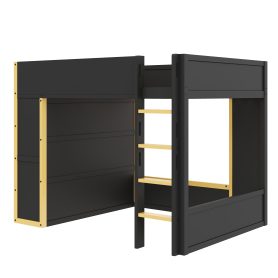 Queen Size Loft Bed with Cabinet, Storage Shelves and Drawer, LED Strip