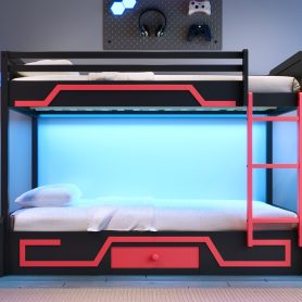 Full over Full Bunk Bed with LED Light Strip, Drawer and Ladder