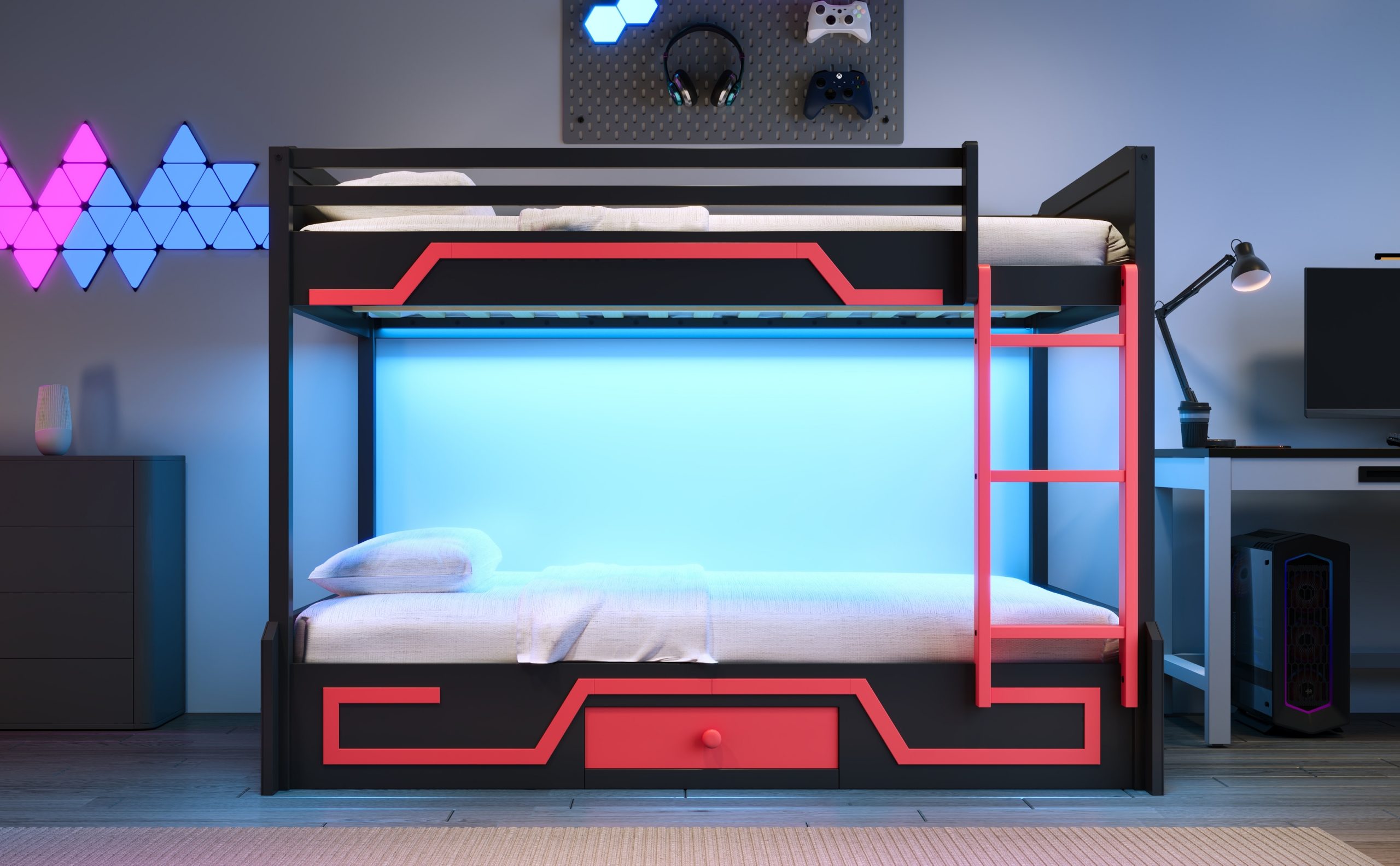 Full over Full Bunk Bed with LED Light Strip, Drawer and Ladder