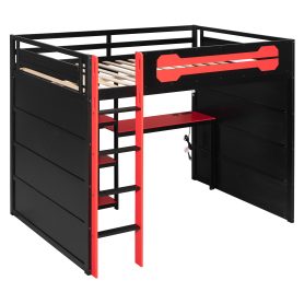 Full Size Wooden Gaming Loft Bed with Storage Shelves, Desk, USB & Power Outlet, and LED Light