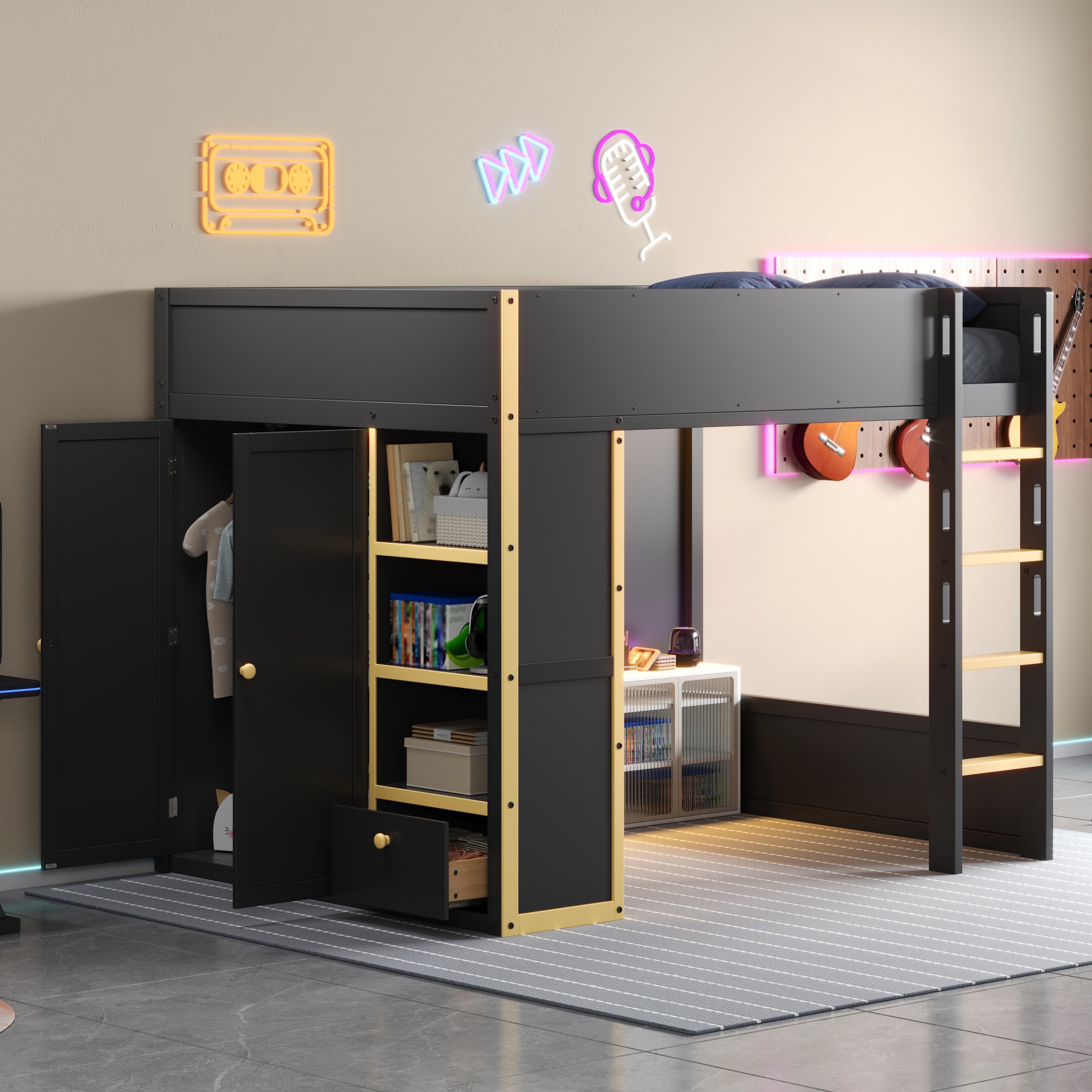 Queen Size Loft Bed with Cabinet, Storage Shelves and Drawer, LED Strip