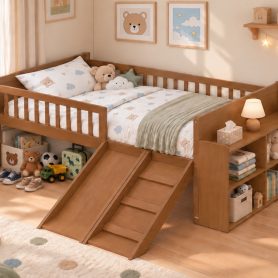Platform Full Size Bed with Storage Shelf, Guardrail, Slide and Ladder