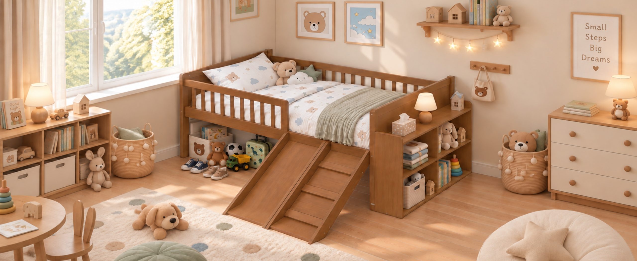 Platform Full Size Bed with Storage Shelf, Guardrail, Slide and Ladder