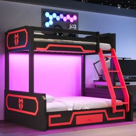 Twin over Full Bunk Bed with LED Light Strip, Drawer and Ladder