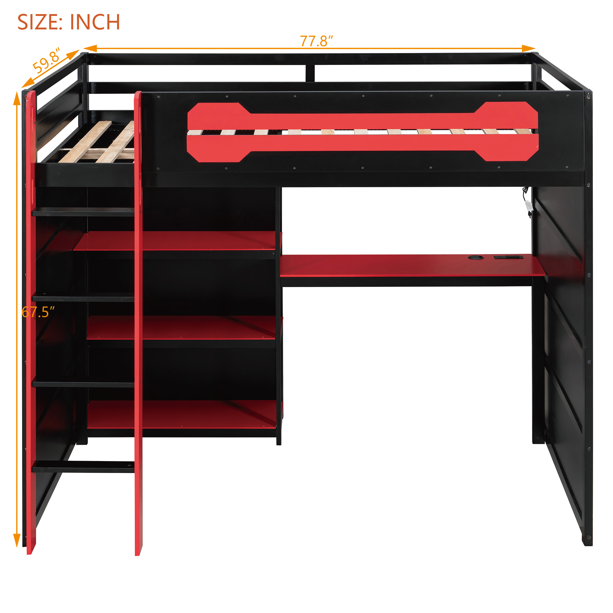 Full Size Wooden Gaming Loft Bed with Storage Shelves, Desk, USB & Power Outlet, and LED Light