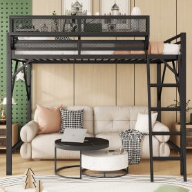 Metal Full Size Loft Bed With Ladder and Storage Shelves