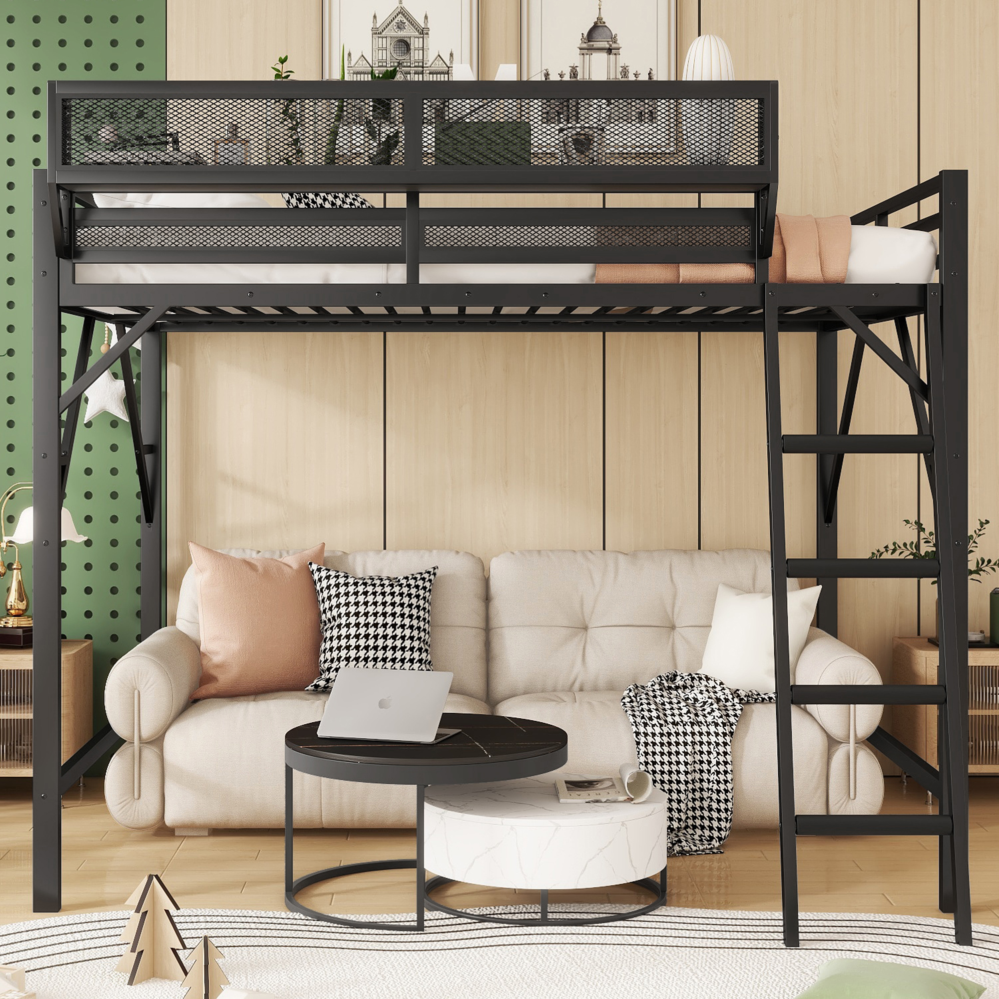 Metal Full Size Loft Bed With Ladder and Storage Shelves